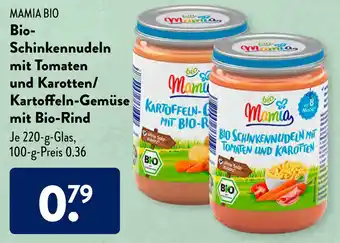 Aldi Süd Mamia Bio Schinkennudeln mit Tomaten und Karotten/Kartoffeln Gemüse mit Bio Rind 220g Angebot