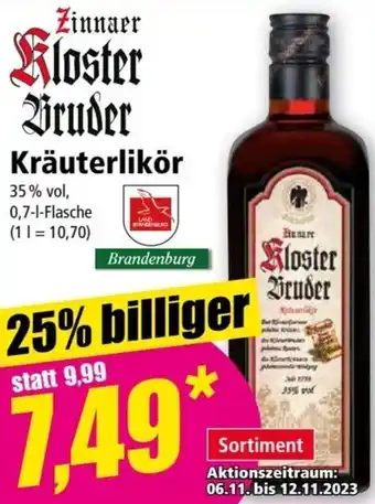 Norma Zinnaer Kloster Bruder Kräuterlikör 0,7 L Flasche Angebot