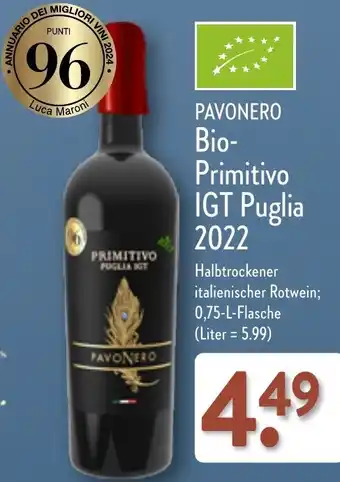 Aldi Nord PAVONERO Bio-Primitivo IGT Puglia 2022, 0,75 L Flasche Angebot