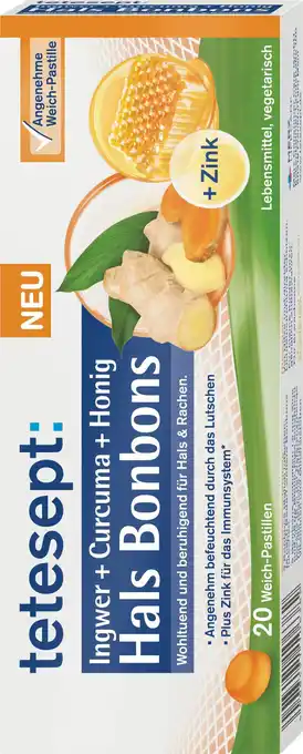 dm drogerie Tetesept halsbonbons ingwer + kurkuma + honig pastillen 20 st Angebot