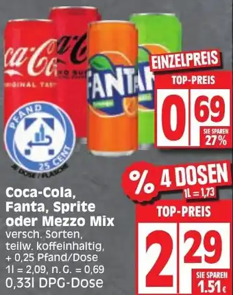 Edeka Coca-Cola, Fanta, Sprite oder Mezzo Mix 0,33 L Angebot