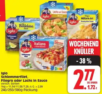 Edeka Iglo Schlemmerfilet, Filegro oder Lachs in Sauce 240/250/380 g Packung Angebot