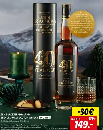 Lidl BEN BRACKEN HIGHLAND BLENDED MALT SCOTCH WHISKY 0,7 L-Fl. Angebot