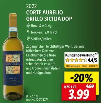 Lidl 2022 CORTE AURELIO GRILLO SICILIA DOP 0,75 L-Fl. Angebot