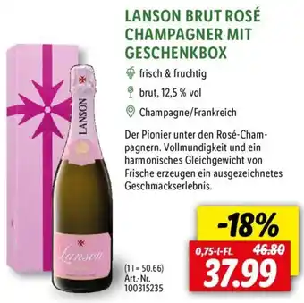 Lidl LANSON BRUT ROSÉ CHAMPAGNER MIT GESCHENKBOX 0,75 L-Fl. Angebot