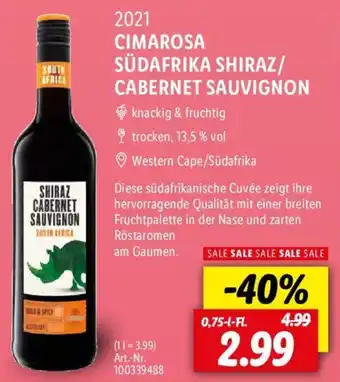 Lidl 2021 CIMAROSA SÜDAFRIKA SHIRAZ/ CABERNET SAUVIGNON 0,75 L-Fl. Angebot