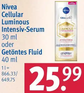Rossmann Nivea Cellular Luminous Intensiv-Serum 30 ml oder Getöntes Fluid 40 ml Angebot
