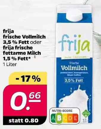 NETTO Frija Frische Vollmilch 3,5% Fett oder Frija Frische Fettarme Milch 1,5% Fett 1L Angebot