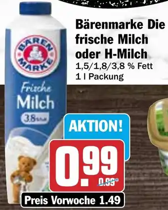 Hit Bärenmarke Die frische Milch oder H-Milch 1 L Packung Angebot