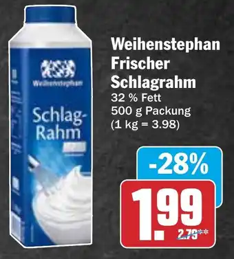 Hit Weihenstephan Frischer Schlagrahm 500 g Packung Angebot