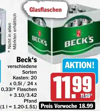 Hit Beck's 20x0,5/24x0,33 L Flaschen Angebot