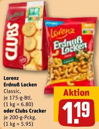 REWE Lorenz Erdnuß Locken Classic 175 g Btl. oder Clubs Cracker 200 g Pckg. Angebot