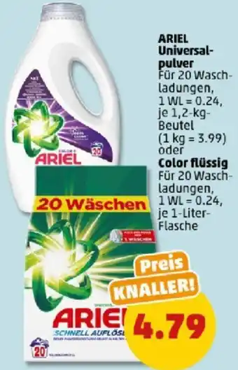 PENNY ARIEL Universalpulver 1,2 kg Beutel oder Color flüssig 1 Liter Flasche Angebot