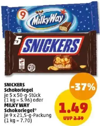 PENNY SNICKERS Schokoriegel 5 x 50 g Stück oder MILKY WAY Schokoriegel 9 x 21,5 g Packung Angebot