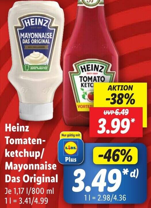 Heinz Tomatenketchup/ Mayonnaise Das Original 1,17 L/800 ml Angebot bei
