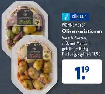 Aldi Süd WONNEMEYER Olivenvariationen 100 g Packung Angebot