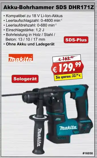 Stabilo Fachmarkt Makita Akku Bohrhammer SDS DHR171Z Angebot