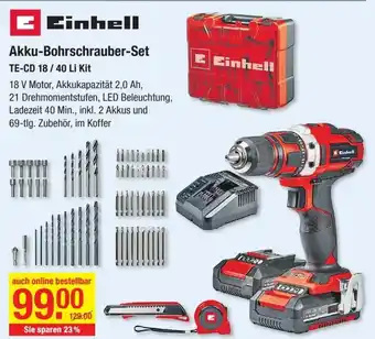 V Baumarkt Einhell Akku Bohrschrauber Set TE-CD 18/40 Li Kit Angebot