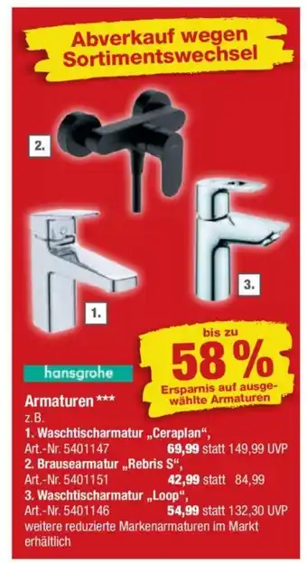 toom Baumarkt hansgrohe Armaturen - 1. Waschtischarmatur ,,Ceraplan" Angebot