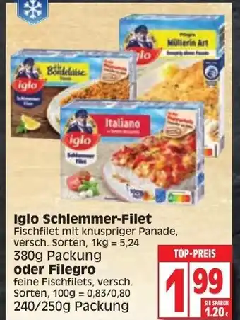 Edeka Iglo Schlemmerfilet 380g oder Filegro 240/250g Angebot