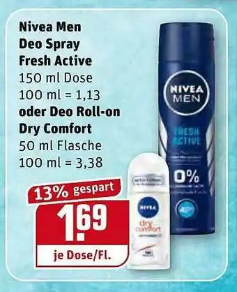 REWE Nivea Men Deospray Fresh Active Oder Deo Roll-on Dry Comfort Angebot
