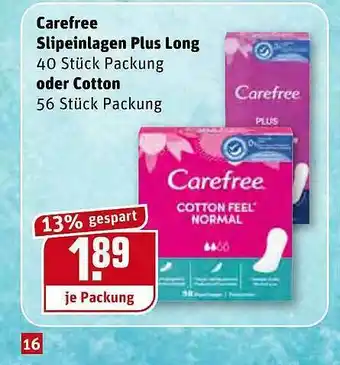 REWE Carefree Slipeinlagen Plus Long Oder Cotton Angebot