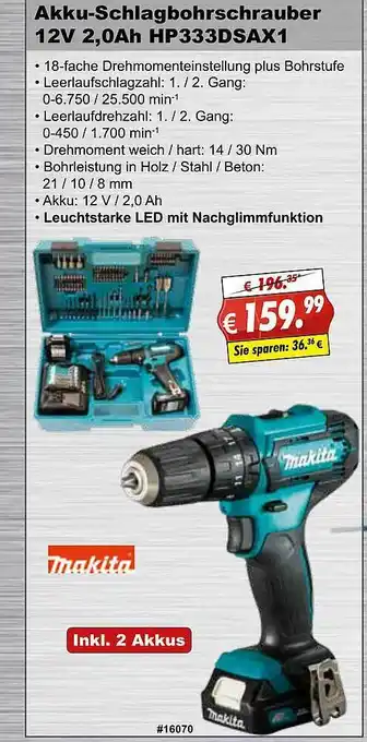 Stabilo Fachmarkt Makita Akku-schlagbohrschrauber Hp333dsax1 Angebot