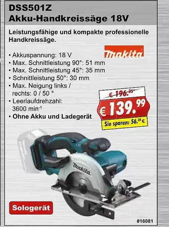 Stabilo Fachmarkt Makita Dss501z Akku-handkreissäge 18v Angebot