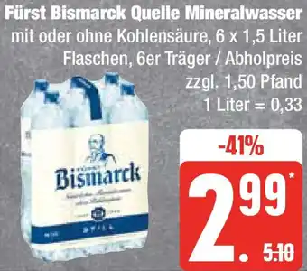 Marktkauf Fürst Bismarck Quelle Mineralwasser 6 x 1,5 Liter Flaschen Angebot