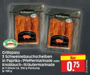 Edeka Herkules Grillspass 3 schweinebauchscheiben in paprika-/pfeffermarinade oder knoblauch-/krautermarinade 100g Angebot