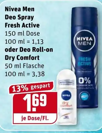 REWE Center Nivea Men Deo Spray Fresh Active 150ml oder Deo Roll on Dry Comfort 50ml Angebot