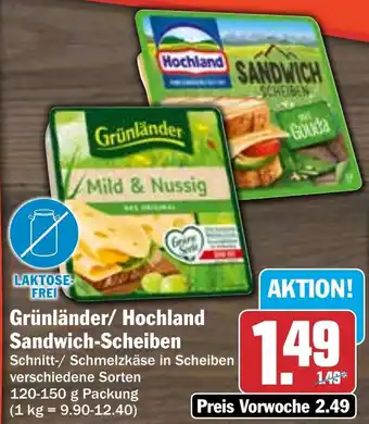 Hit Grünländer/ Hochland Sandwich-Scheiben 120-150 g Packung Angebot