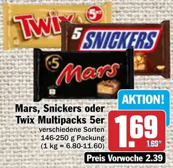 Hit Mars, Snickers oder Twix Multipacks 5er 146-250 g Packung Angebot