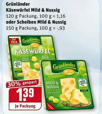 REWE Kaufpark Grünlämder Käsewürfel Mild & Nussig Oder Scheiben Mild & Nussig Angebot