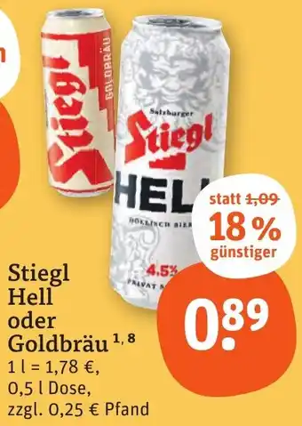 tegut Stiegl Hell oder Goldbräu 0,5 L Dose Angebot