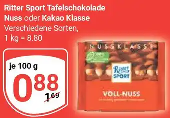 Globus Ritter Sport Tafelschokolade Nuss oder Kakao Klasse 100 g Angebot