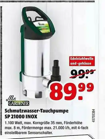 Hagebau Mr. Gardener Schmutzwasser-tauchpumpe Sp 21000 Inox Angebot