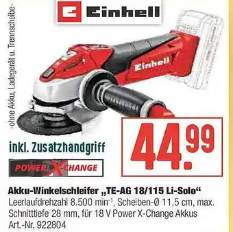 Hellweg Akku-winkelschleifer „te-ag 18 115 Li-solo” Einhell Angebot