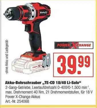 Hellweg Akku-bohrschrauber „te-cd 18 40 Li-solo” Power X-change Angebot