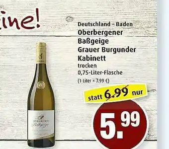 Markant Oberbergener Baßgeige Grauer Burgunder Kabinett Angebot