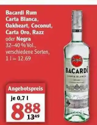 Globus Bacardi Rum Carta Blanca Oakheart Coconut Carta Oro Razz Oder Negra Angebot