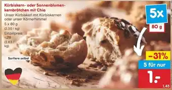 Netto Marken-Discount Kürbiskern oder Sonnenblumenkernbrötchen mit Chia 5x80g Angebot
