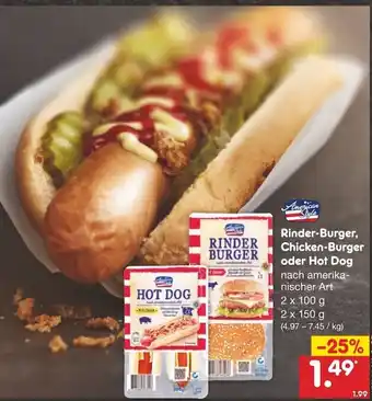 Netto Marken-Discount Rinder Burger, Chicken Burger oder Hot Dog 2x100g / 2x150g Angebot