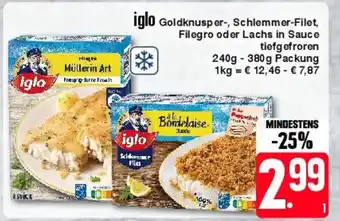 Edeka iglo Goldknusper-, Schlemmer-Filet, Filegro oder Lachs in Sauce 240-380g Angebot