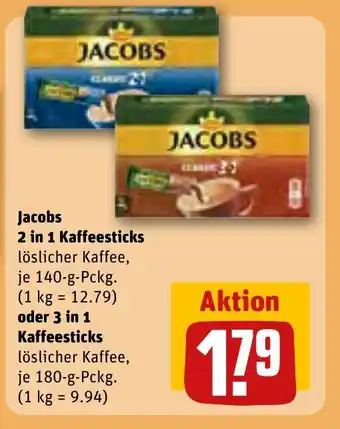 REWE Jacobs 2 in 1 Kaffeesticks je 140 g oder 3 in 1 Kaffeesticks 180 g Angebot