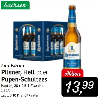 KONSUM Landskron Pilsner, Hell oder Pupen-Schultzes 20x0,5 L Flasche Angebot