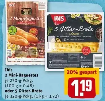 REWE PETZ Ibis 2 Mini Baguettes 250g oder 5 Gitter Brote 320g Angebot