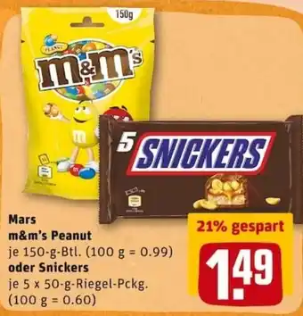 REWE PETZ Mars M&M's Peanut 150g oder Snickers 5x50g Angebot