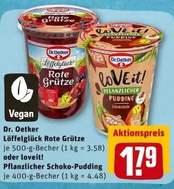 REWE City Dr. Oetker Löffelglück Rote Grütze 500g oder Love It! Pflanzlicher Schoko Pudding 400g Angebot