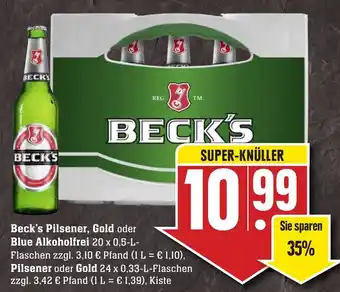 Edeka Neukauf Beck's Pilsener, Gold oder Blue Alkoholfrei 20x0,5L oder Pilsener oder Gold 24x0,33L Angebot